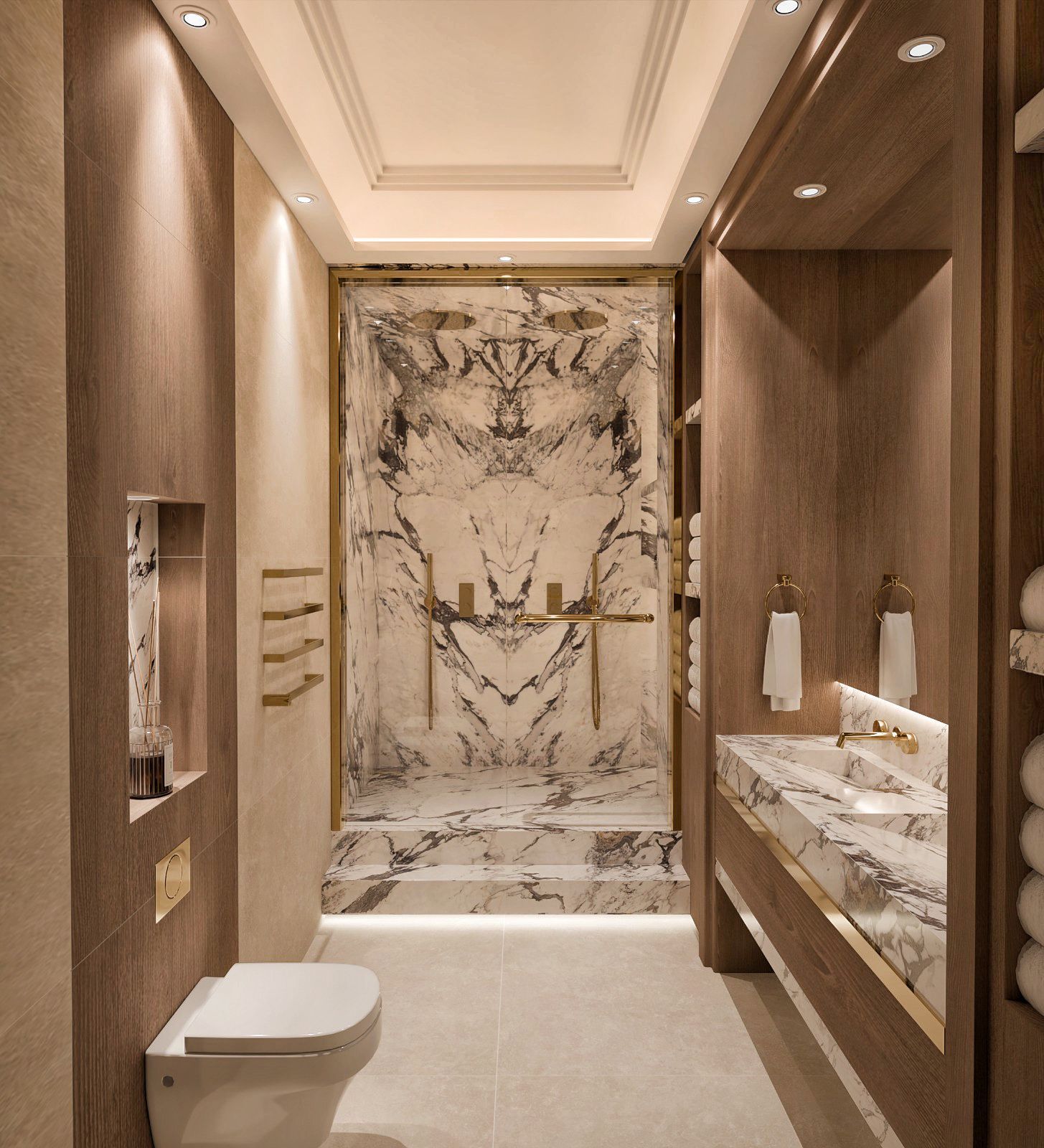 Bookmatched marble shower room by Lance Interiors