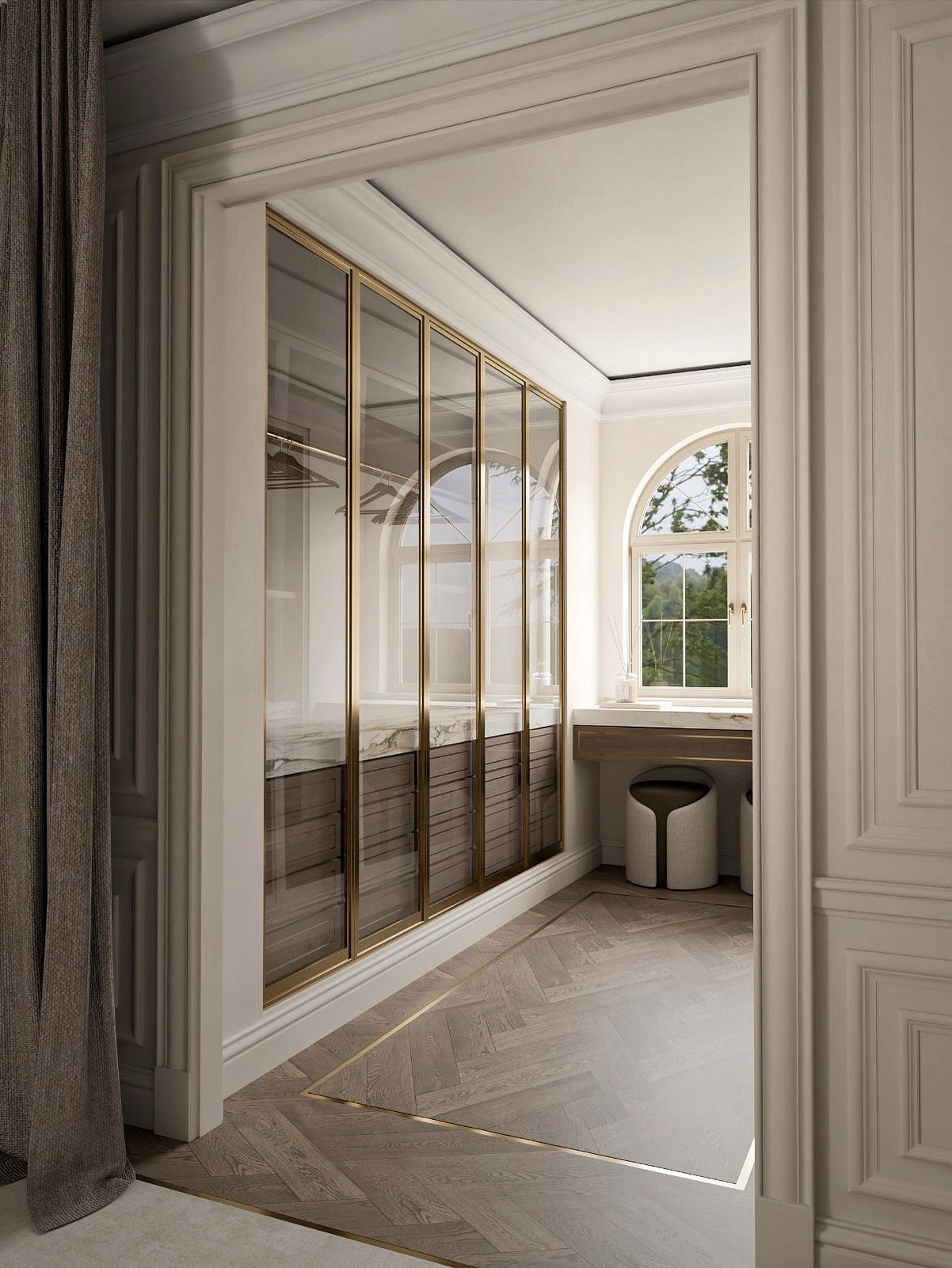 Bespoke dressing room with glass wardrobes by Lance Interiors