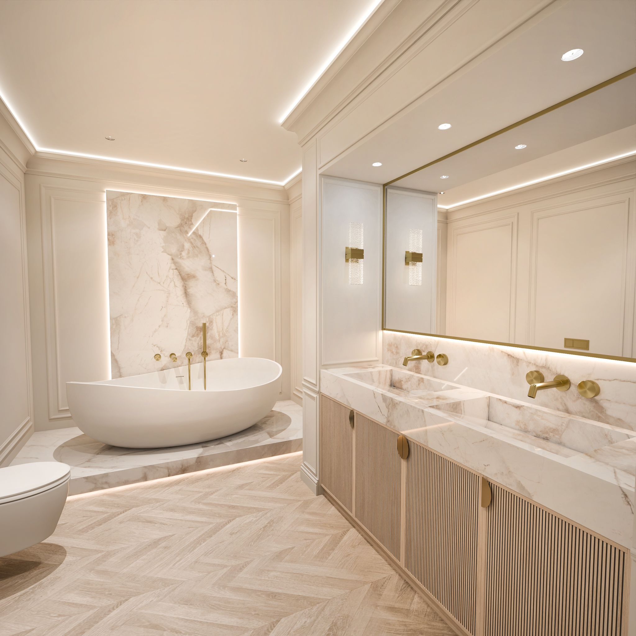 Luxury ensuite with reeded vanity, gold fixtures and freestanding bath by Lance Interiors