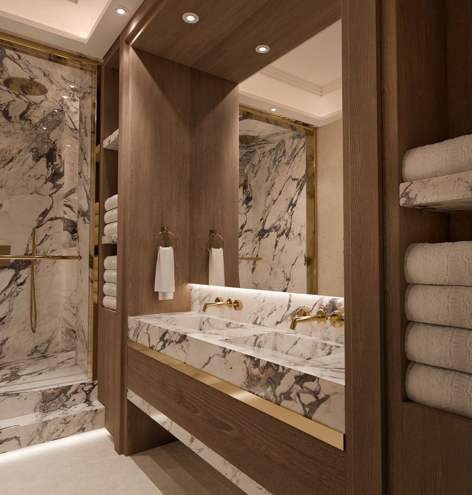 Marble bathroom with walnut and gold fixtures by Lance Interiors